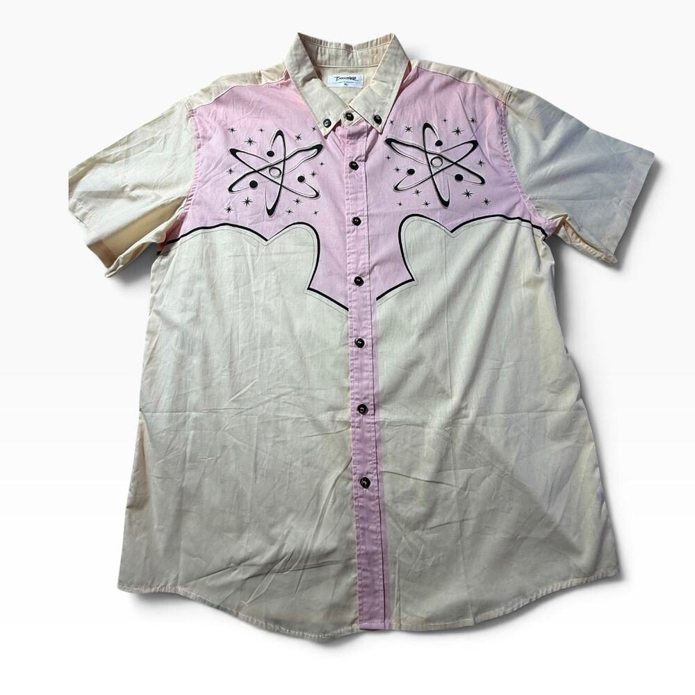 Boozelele Mens XL 1950s Atomic Art Shirt Pink Beige Rockabilly Button Up